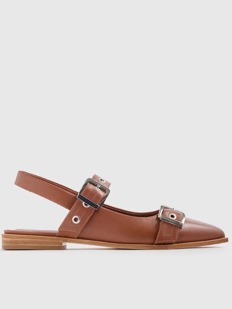 Quince Italian Leather Bold Buckle Slingback Flat - Cognac